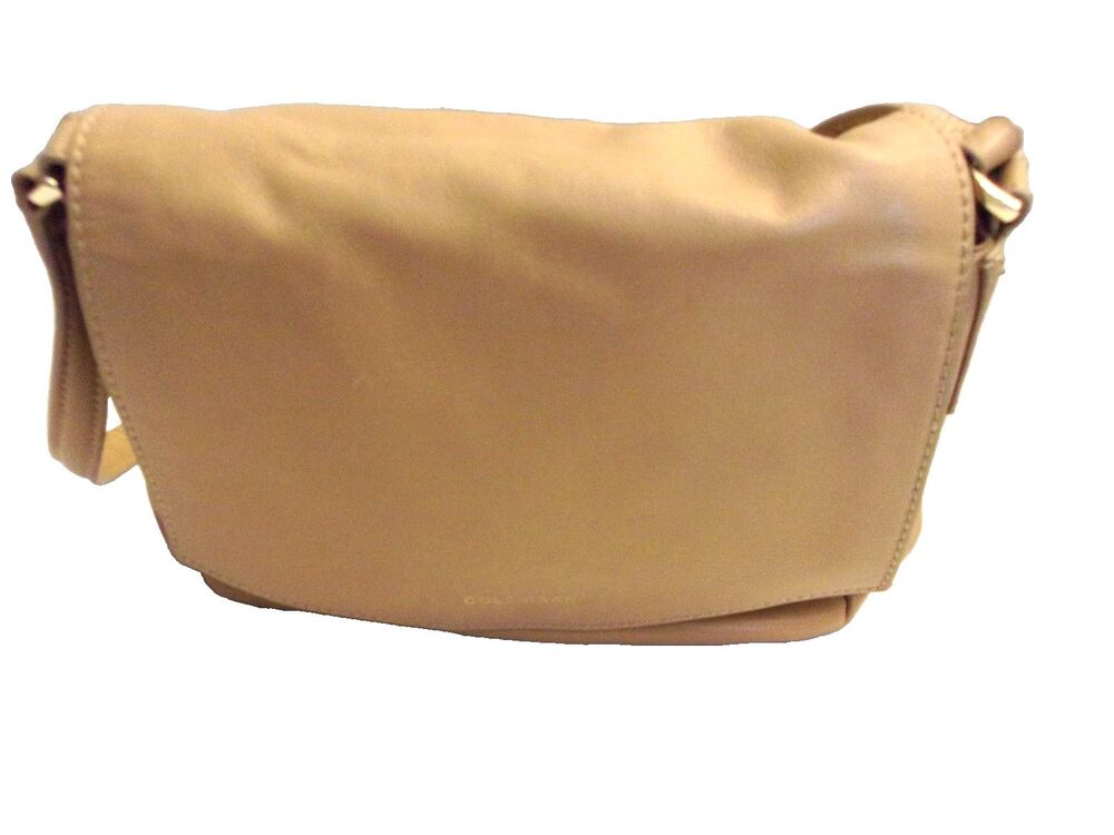 Cole Haan  Tan Khaki Leather Shoulder Bag Purse Woven Panel
